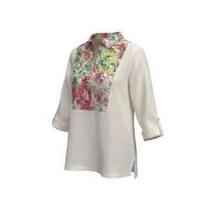 Boho Chic 100% Linen Floral Panel Tunic, Size S, Made in USA